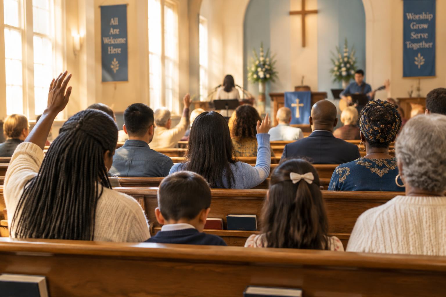 The congregation gathered in worship on a Sunday morning, golden light through the windows