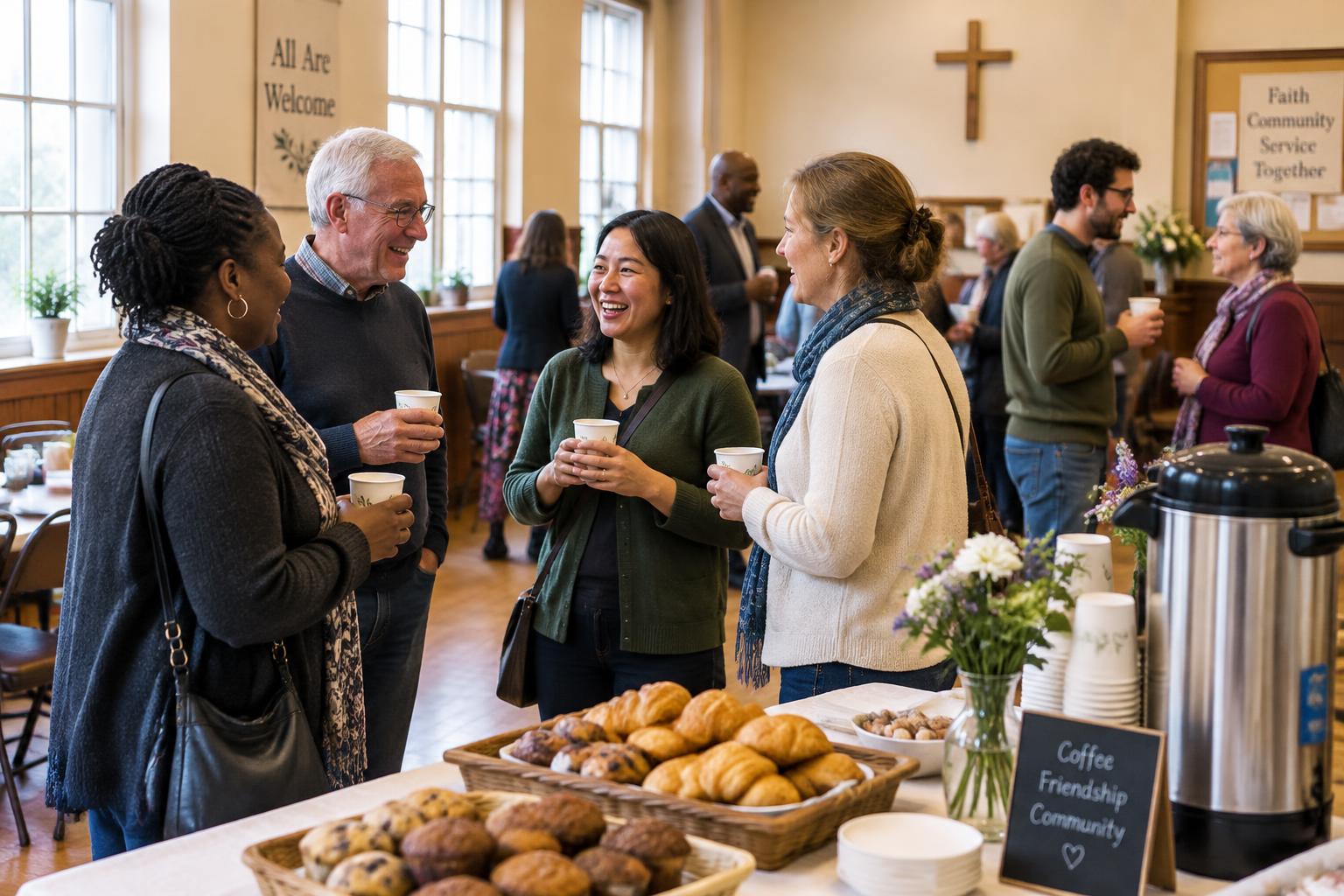 Warm conversation and coffee after Sunday service in the church hall